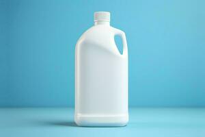 ai generato vuoto bianca detergente bottiglia modello in piedi su blu sfondo foto