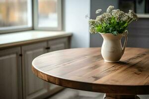 ai generato il giro di legno cenare tavolo con fiore pentola e casa interno sfondo foto