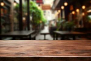 ai generato vuoto di legno tavolo su sfocato ristorante sfondo. vuoto tavolo per Prodotto Schermo foto