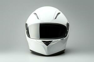 ai generato bianca motociclo pieno viso casco modello su grigio sfondo foto