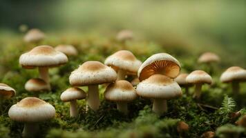 ai generato macro fotografia di fresco champignon funghi nel il foresta foto