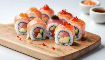 ai generato Sushi rotoli su un' di legno taglio tavola foto