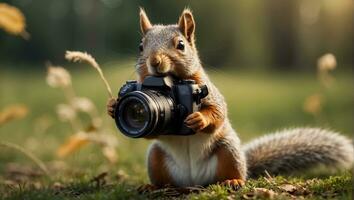 ai generato carino amichevole scoiattolo con un' telecamera nel il parco foto