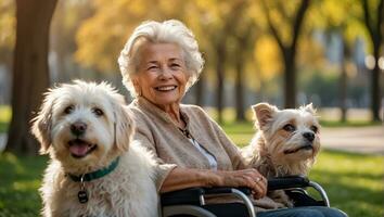 ai generato anziano donna nel un' sedia a rotelle con un' cane al di fuori nel il parco foto