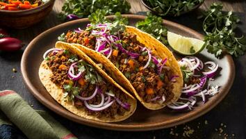 ai generato delizioso appetitoso taco con carne e cipolla su vecchio sfondo foto