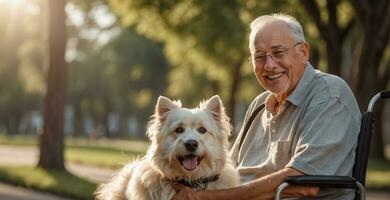 ai generato anziano uomo nel un' sedia a rotelle con un' cane su il strada foto