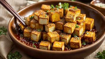 ai generato fritte tofu formaggio con sesamo semi nel il cucina foto