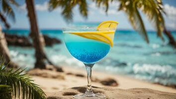 ai generato blu cocktail nel un' bellissimo bicchiere, Limone, giorno contro il mare foto