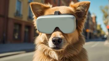 ai generato carino cane indossare virtuale la realtà bicchieri su il strada foto
