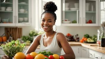 ai generato bellissimo afro americano ragazza nel il cucina con diverso verdure e frutta foto