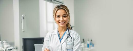 ai generato bellissimo sorridente donna medico nel clinica foto