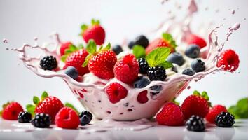 ai generato fresco frutti di bosco fragole, mirtilli, lamponi Yogurt foto