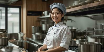 ai generato contento asiatico donna cucinare nel ristorante cucina foto