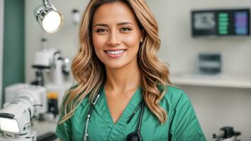 ai generato bellissimo sorridente donna medico nel clinica foto