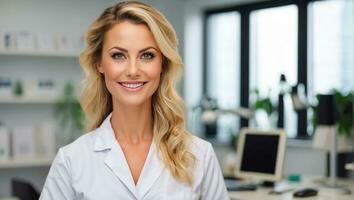 ai generato bellissimo sorridente donna medico nel clinica foto