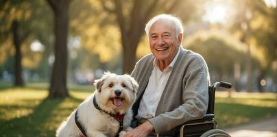 ai generato anziano uomo nel un' sedia a rotelle con un' cane su il strada foto