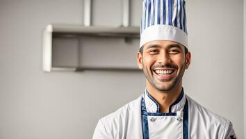 ai generato ritratto di un' maschio cucinare nel il cucina foto