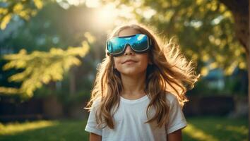 ai generato ragazza nel virtuale la realtà bicchieri su il strade nel estate foto