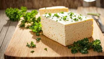 ai generato fresco tofu formaggio con prezzemolo nel il cucina foto