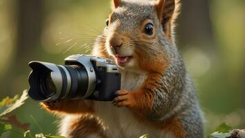 ai generato carino amichevole scoiattolo con un' telecamera nel il parco foto