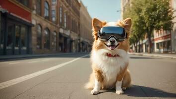 ai generato carino cane indossare virtuale la realtà bicchieri su il strada foto