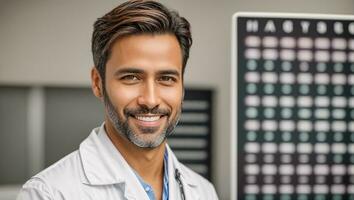 ai generato ritratto di un' sorridente maschio medico foto