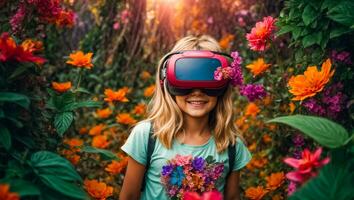 ai generato poco ragazza indossare virtuale la realtà bicchieri nel il foresta, fiori foto