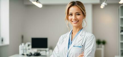 ai generato bellissimo sorridente donna medico nel clinica foto