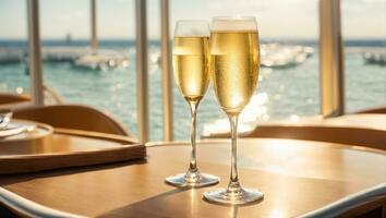 ai generato bicchieri di Champagne contro il sfondo di il mare foto