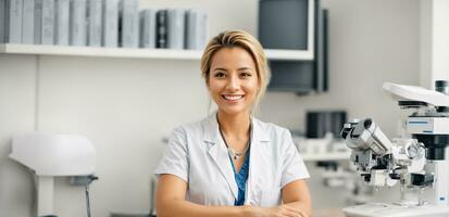 ai generato bellissimo sorridente donna medico nel clinica foto