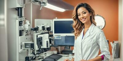 ai generato bellissimo sorridente donna medico nel clinica foto