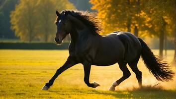 ai generato bellissimo buio cavallo corre nel natura foto