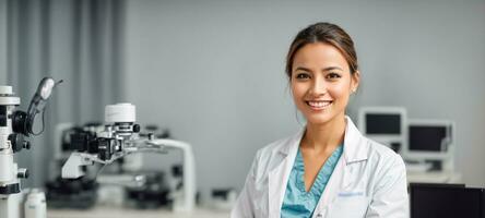 ai generato bellissimo sorridente donna medico nel clinica foto