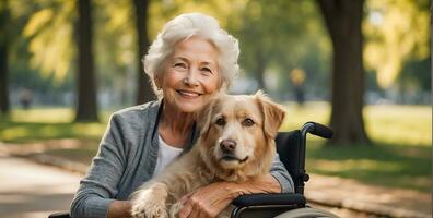 ai generato anziano donna nel un' sedia a rotelle con un' cane al di fuori nel il parco foto