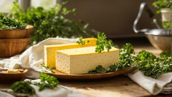 ai generato fresco tofu formaggio con prezzemolo nel il cucina foto