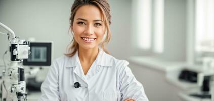 ai generato bellissimo sorridente donna medico nel clinica foto