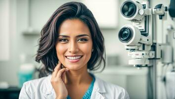 ai generato bellissimo sorridente donna medico nel clinica foto