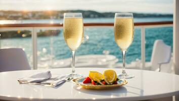 ai generato bicchieri di Champagne contro il sfondo di il mare foto