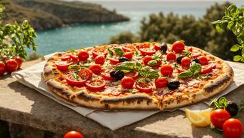 ai generato appetitoso Pizza con pomodori, olive, basilico su il riva del mare foto