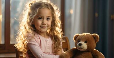 ai generato ritratto di un' poco ragazza con un' orsacchiotto orso nel il camera foto
