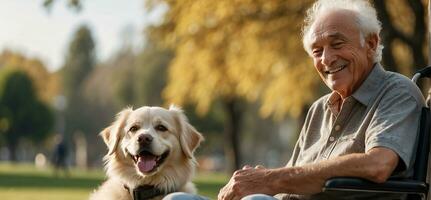 ai generato anziano uomo nel un' sedia a rotelle con un' cane su il strada foto