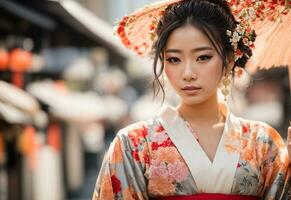 ai generato ritratto di un' bellissimo giapponese ragazza, fiore foto