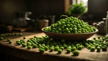 ai generato fresco appetitoso verde piselli su il cucina tavolo foto