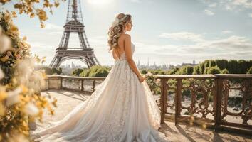 ai generato bellissimo ragazza nel un' bianca damigella d'onore vestito contro il sfondo di il eiffel Torre foto