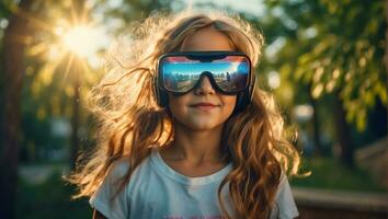 ai generato ragazza nel virtuale la realtà bicchieri su il strade nel estate foto