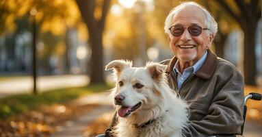 ai generato anziano uomo nel un' sedia a rotelle con un' cane su il strada foto