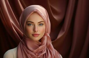 ai generato ritratto di un' fiducioso donna nel un' rosa hijab, islamico immagini foto