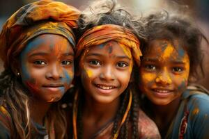 ai generato tre bambini Guarda su a il telecamera in mezzo festa, holi Festival immagini HD foto