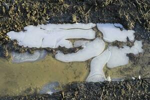 ghiaccio su un' fangoso pozzanghera su un' sporco strada foto