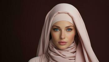 ai generato fiducioso giovane musulmano donna nel un' elegante hijab scioperi un' posa, islamico immagini foto